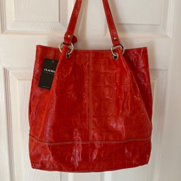 CLAUDIA FIRENZE | Red Croc Embossed Leather Satchel Tote Shoulder bag - Picture 12 of 15